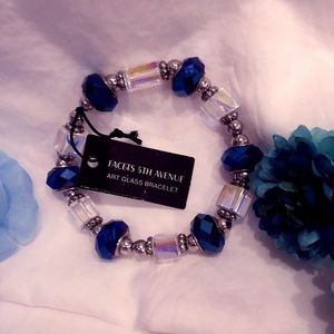 New Sapphire Blue/Clear Art Glass Beaded Bracelet